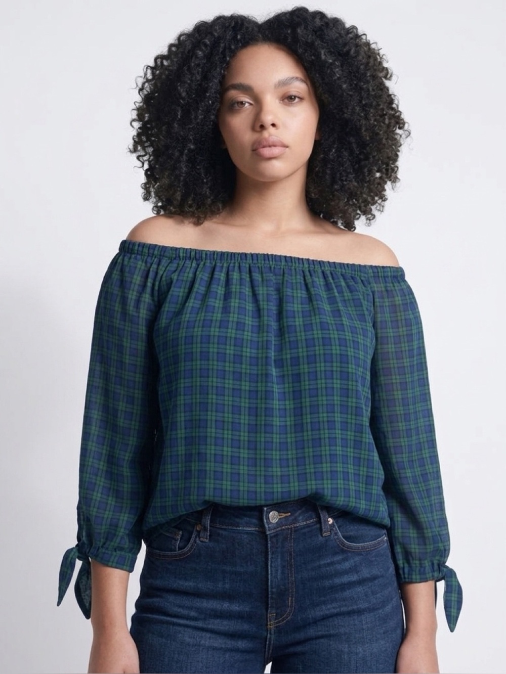 Talbots Green Navy Watch Tartan Plaid Off-Shoulder Peasant Tie-Sleeve Blouse